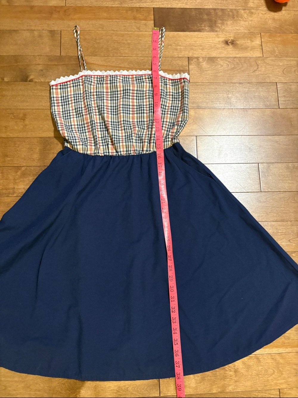 Vintage Navy Blue Sundress with Plaid Bodice with Pockets! - Picture 6 of 7